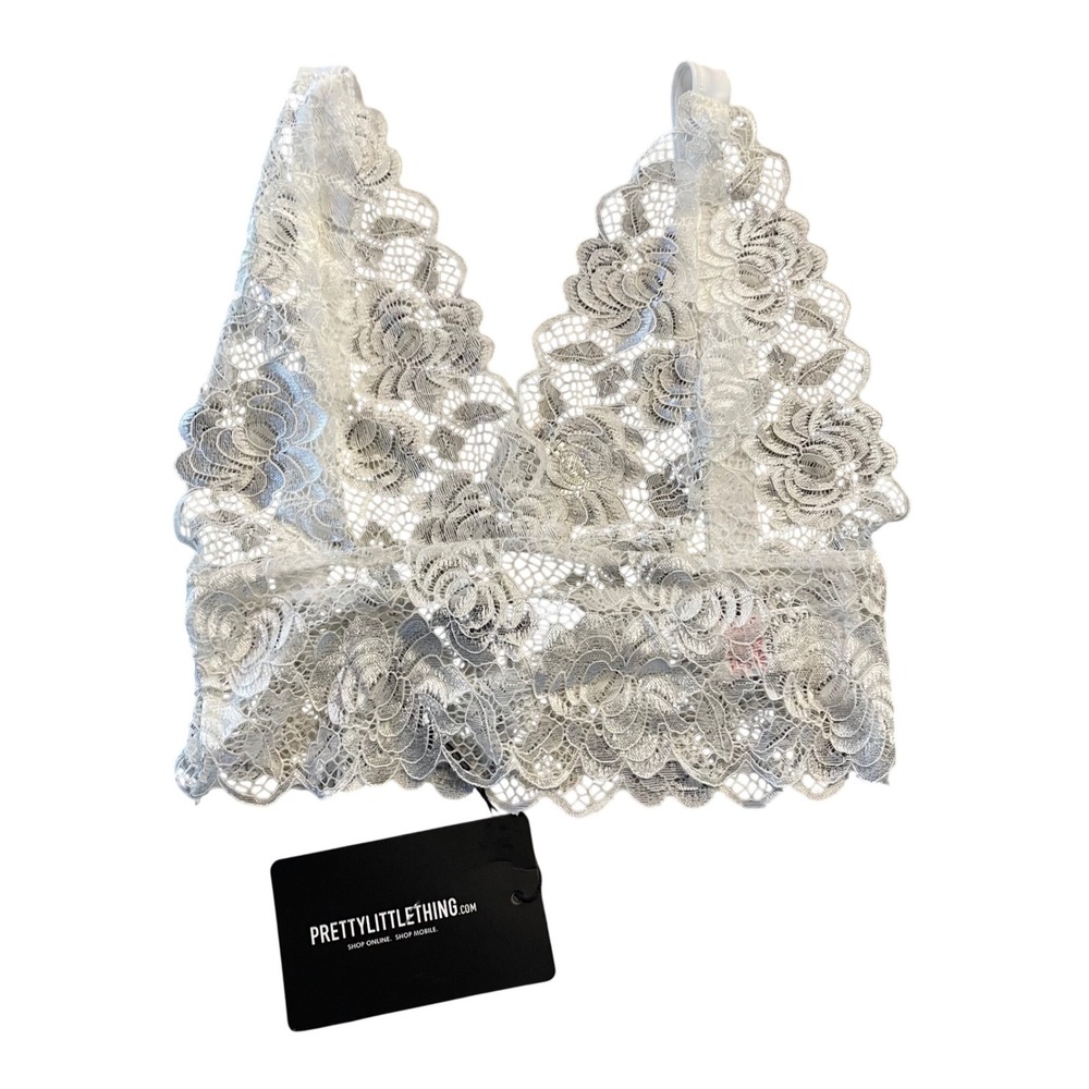 PrettyLittleThing White Lace Bralet Women US 8 Boho Coquette Floral Scalloped